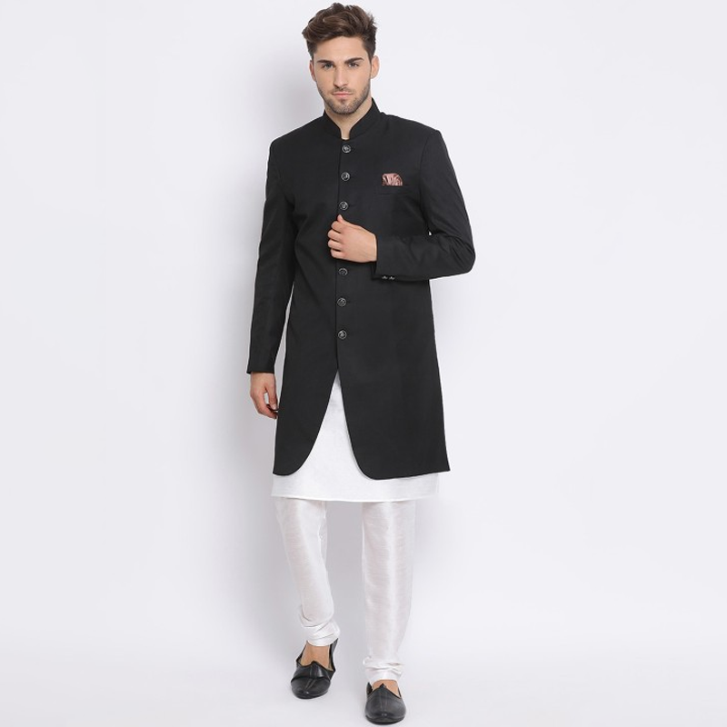 Men Black & White Solid Sherwani Set